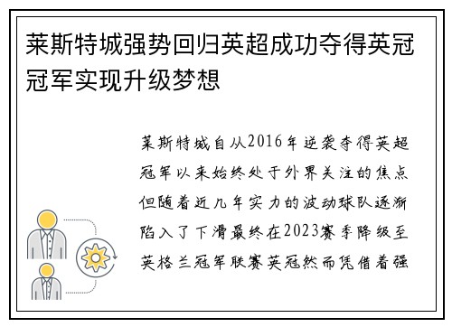 莱斯特城强势回归英超成功夺得英冠冠军实现升级梦想 莱斯特城强势回归英超成功夺得英冠冠军实现升级梦想