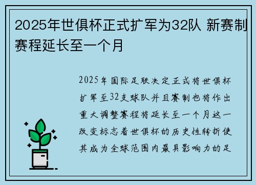 2025年世俱杯正式扩军为32队 新赛制赛程延长至一个月